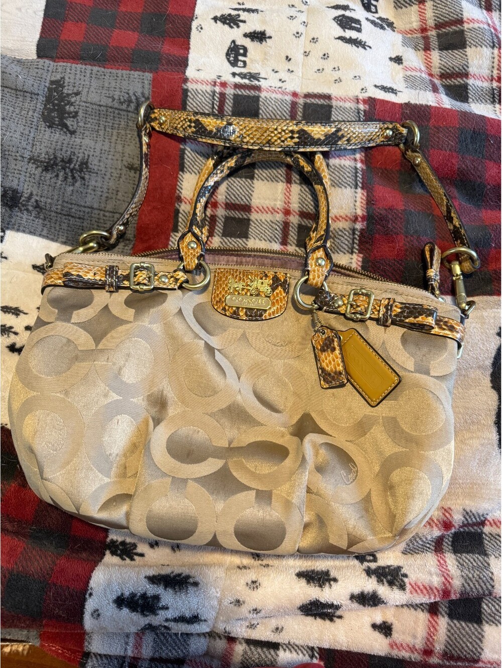 Coach Madison Sophia Satchel Khaki Op Art Sateen Python Snake Trim Convertible